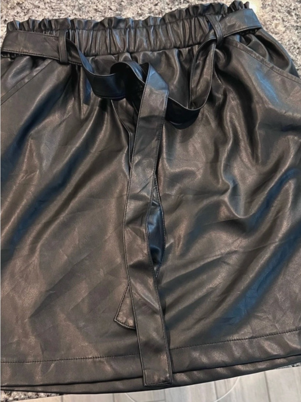 Grace & Lace Black Faux Leather Paperbag Tie Mini Skirt